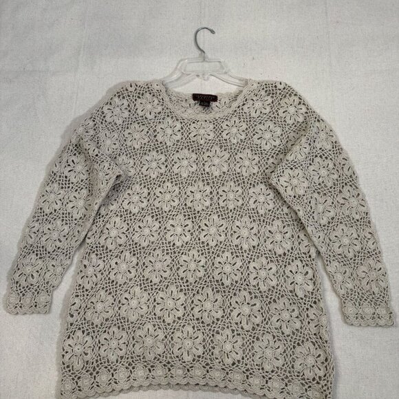 Yarnworks Sweaters - Yarnworks White & Gray Floral Crochet Long Sleeve Sweater Pullover Top L